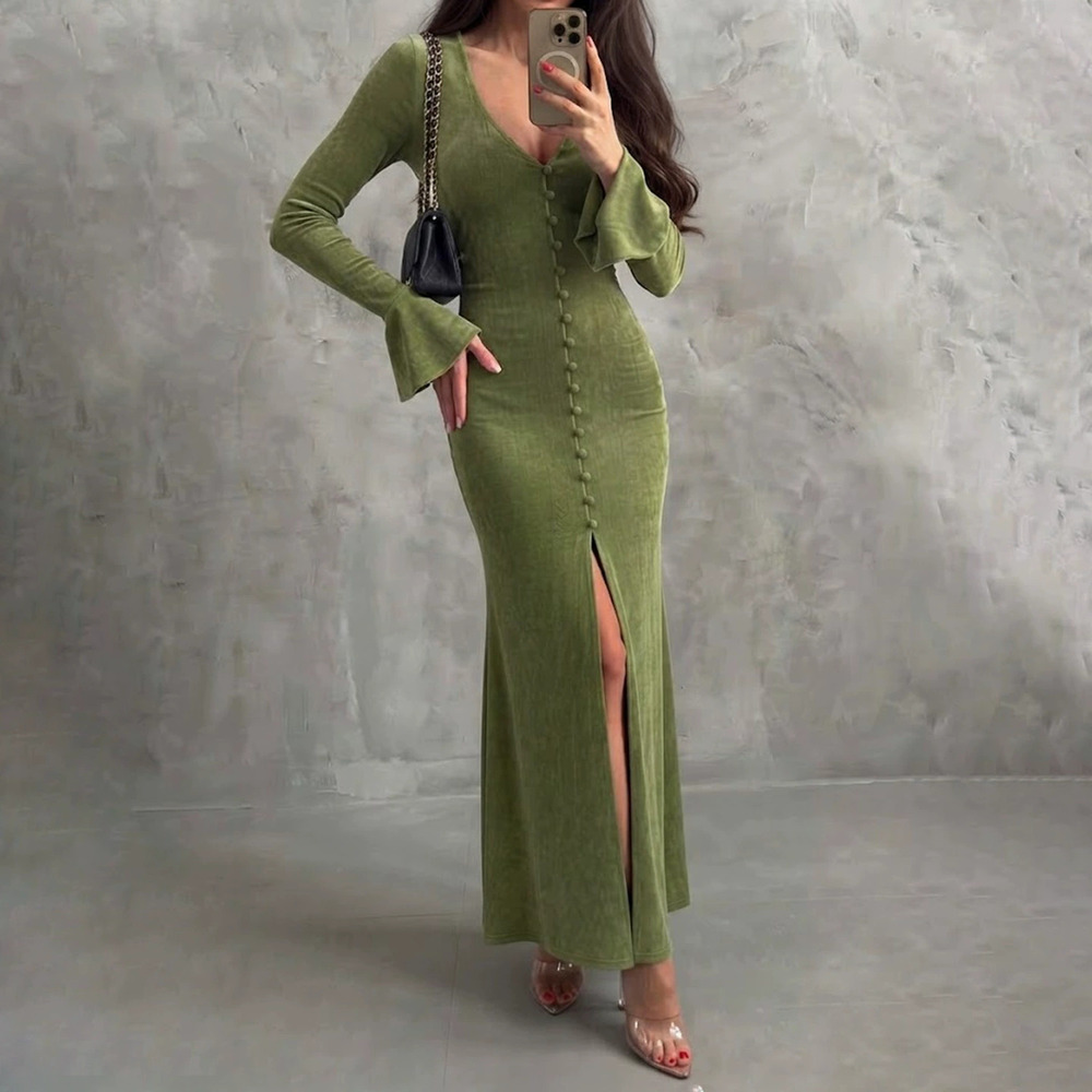 Zara Fall Winter Solid Single Breasted Slit Slim Flared Maxi Long Sleeve Dress